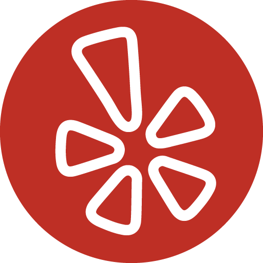 A red and white yelp logo on a black background