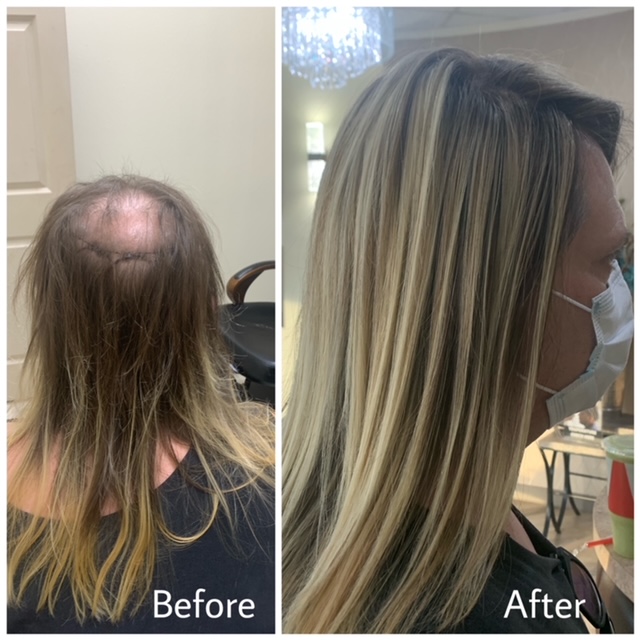 A before and after picture of a woman 's hair.